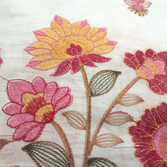 Barkha Embroidered Cotton Fabric on White Base with Yellow and Pink Floral Threadwork
