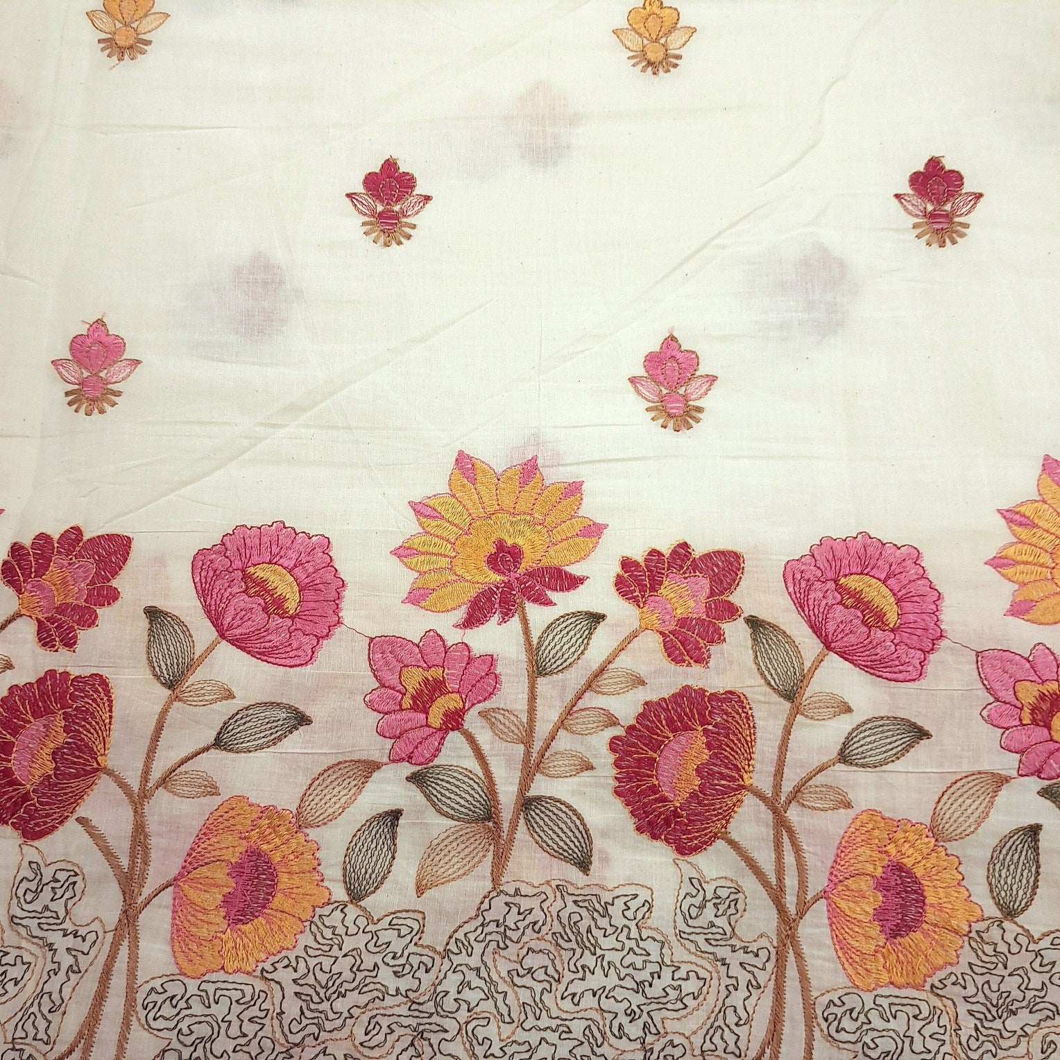 Barkha Embroidered Cotton Fabric on White Base with Yellow and Pink Floral Threadwork