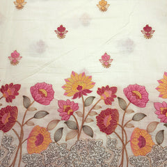 Barkha Embroidered Cotton Fabric on White Base with Yellow and Pink Floral Threadwork
