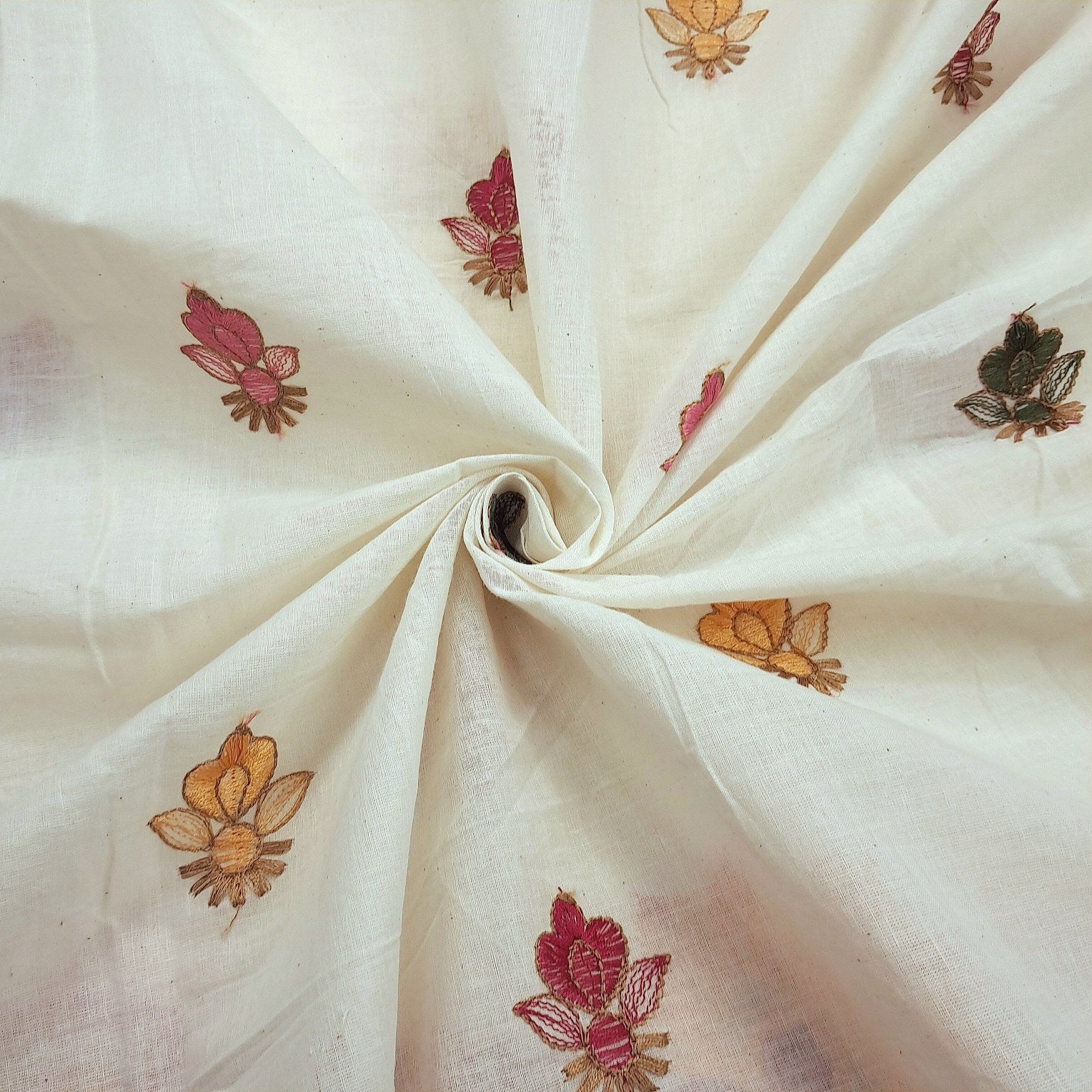 Barkha Embroidered Cotton Fabric on White Base with Yellow and Pink Floral Threadwork