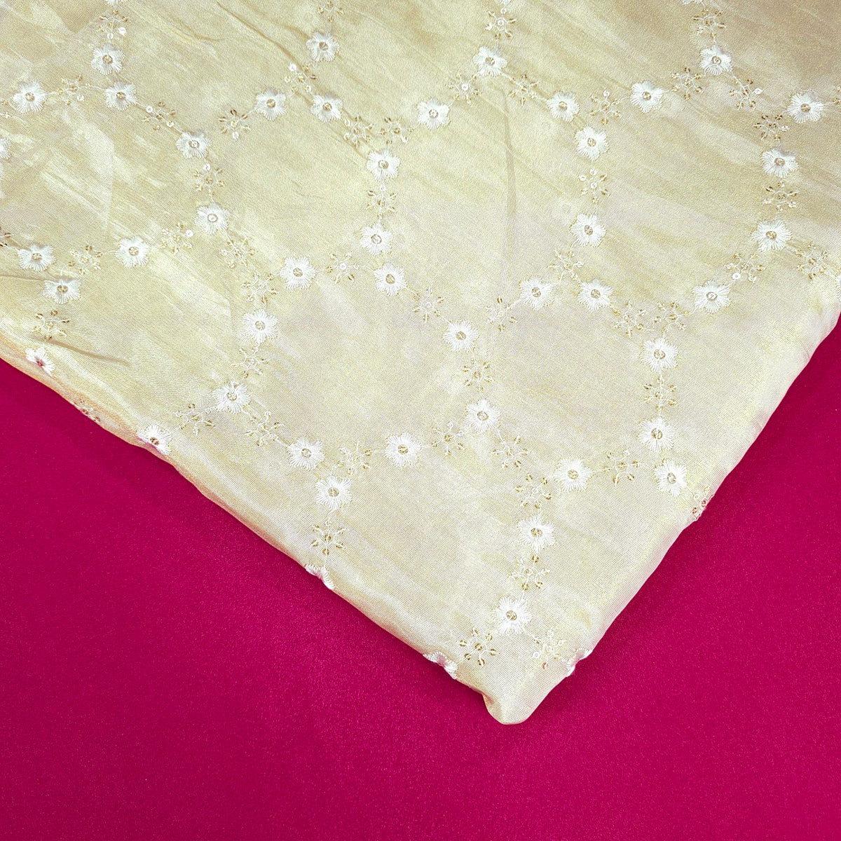 Gold Embroidered Dyeable Shimmer Tissue Fabric with Floral Motif