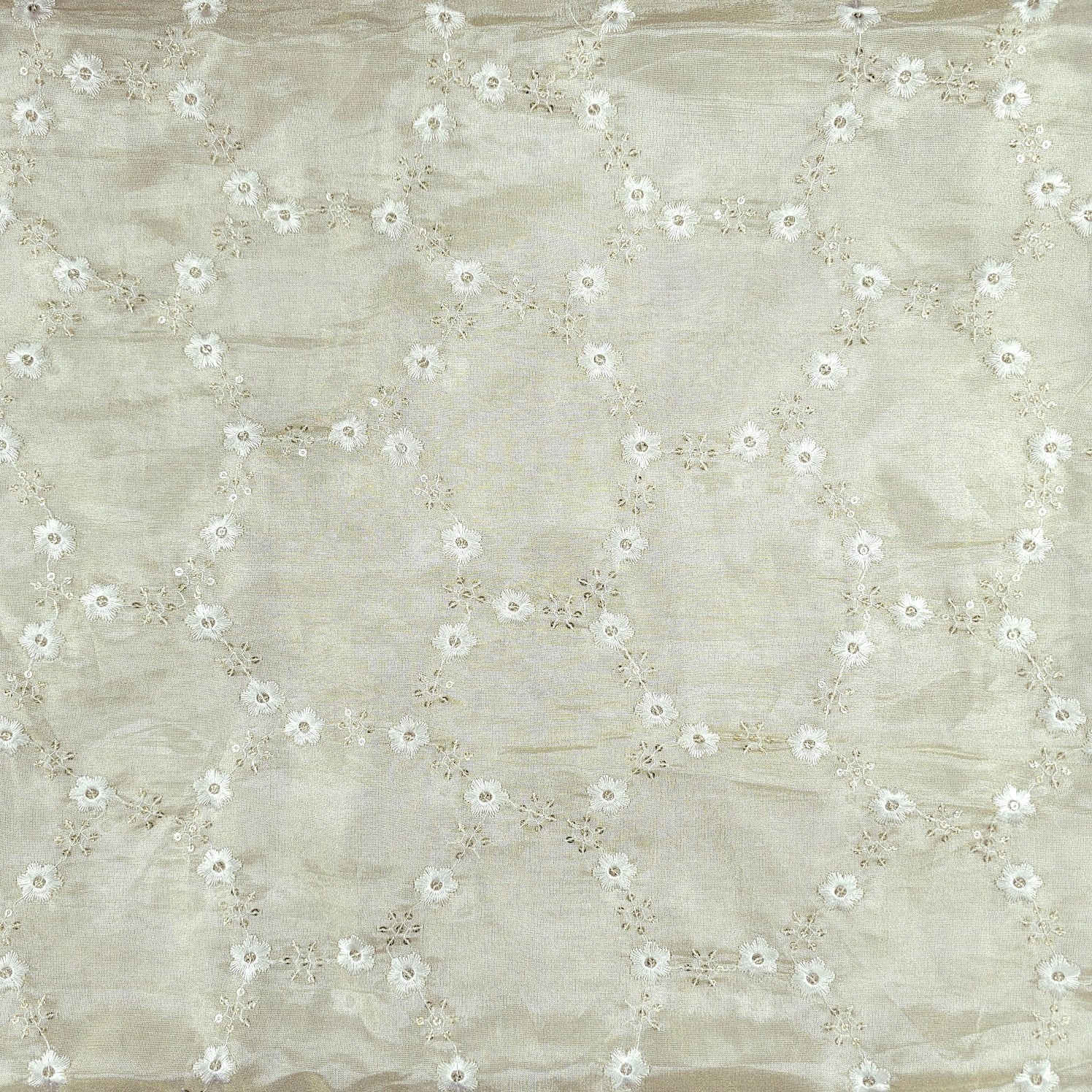 Gold Embroidered Dyeable Shimmer Tissue Fabric with Floral Motif