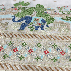 Hand Embroidered Dyeable Crepe Fabric with Elephant & Bird motif Embroidered on Border