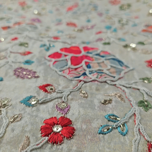 Resham Embroidered Dyeable Shimmer Tissue with Zari, Sequinwork & Multicolor Floral Patchwork