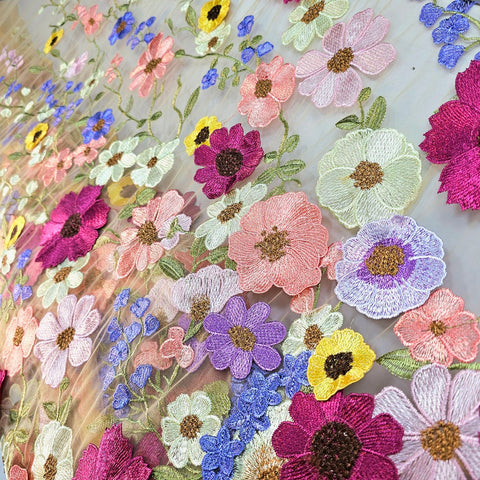 Multicolor Floral Applique Work on Light Peach Net Fabric