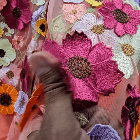 Multicolor Floral Applique Work on Peach Net Fabric