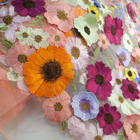 Multicolor Floral Applique Work on Peach Net Fabric