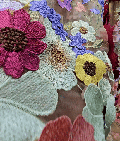 Multicolor Floral Applique Work on Light Peach Net Fabric