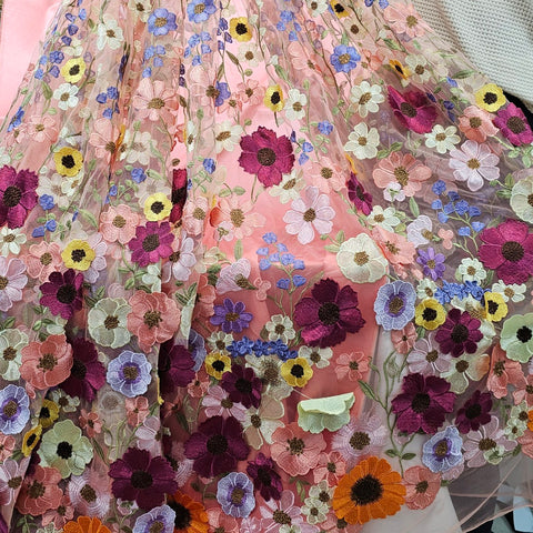 Multicolor Floral Applique Work on Light Peach Net Fabric