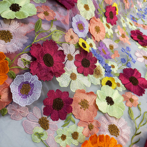 Multicolor Floral Applique Work on Lilac Net Fabric