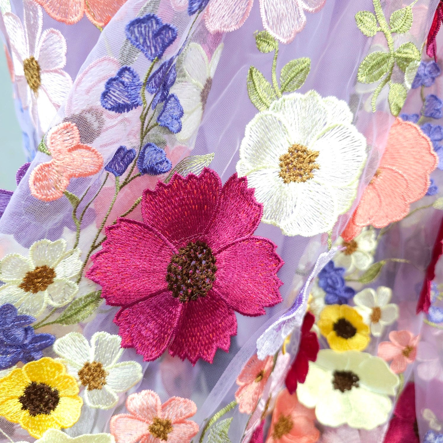 Multicolor Floral Applique Work on Lilac Net Fabric
