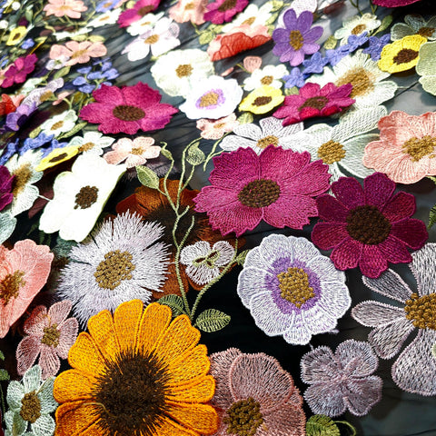 Multicolor Floral Applique Work on Black Net Fabric