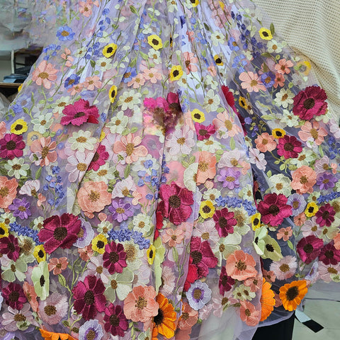 Multicolor Floral Applique Work on Lilac Net Fabric