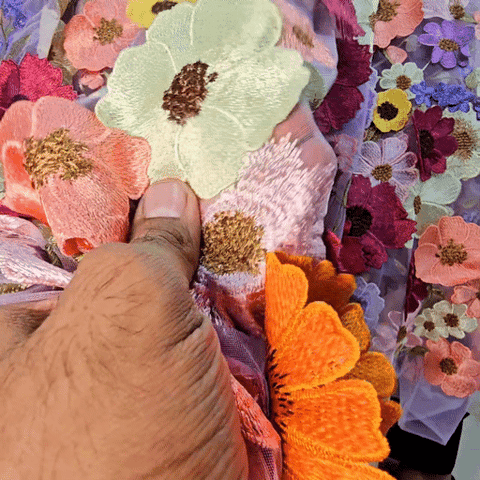 Multicolor Floral Applique Work on Lilac Net Fabric