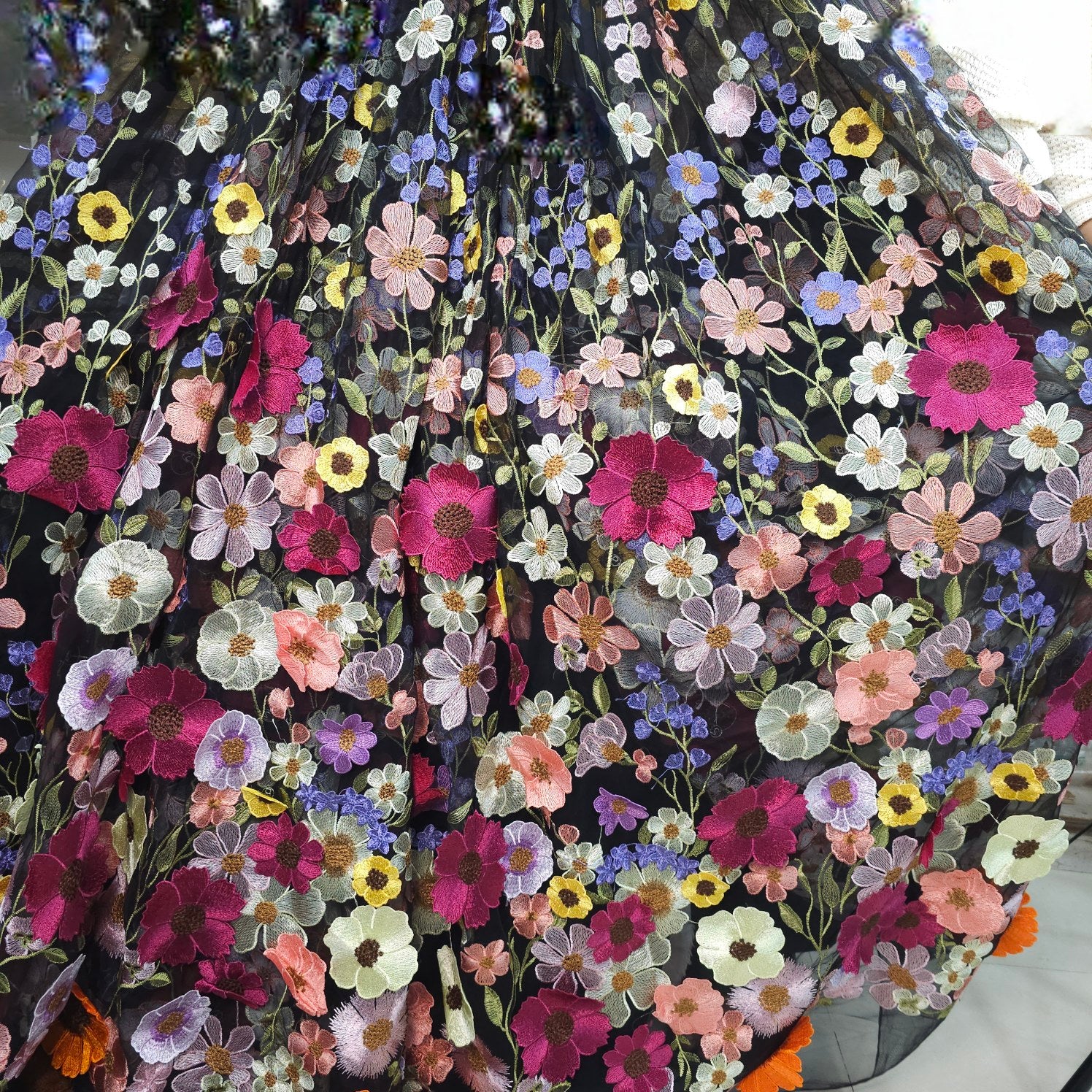 Multicolor Floral Applique Work on Black Net Fabric