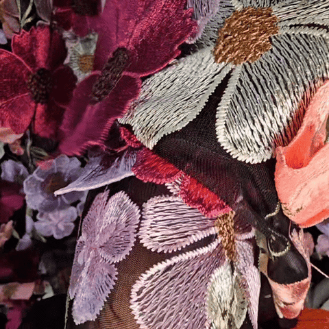 Multicolor Floral Applique Work on Black Net Fabric