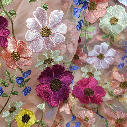 Multicolor Floral Applique Work on Light Peach Net Fabric