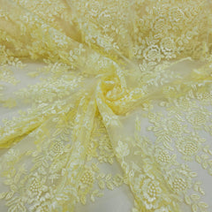 Embroidered Light Yellow Net Fabric with Intricate rose patterns
