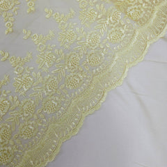 Embroidered Light Yellow Net Fabric with Intricate rose patterns