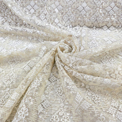 Embroidered Biege Net Fabric with Intricate geometric patterns