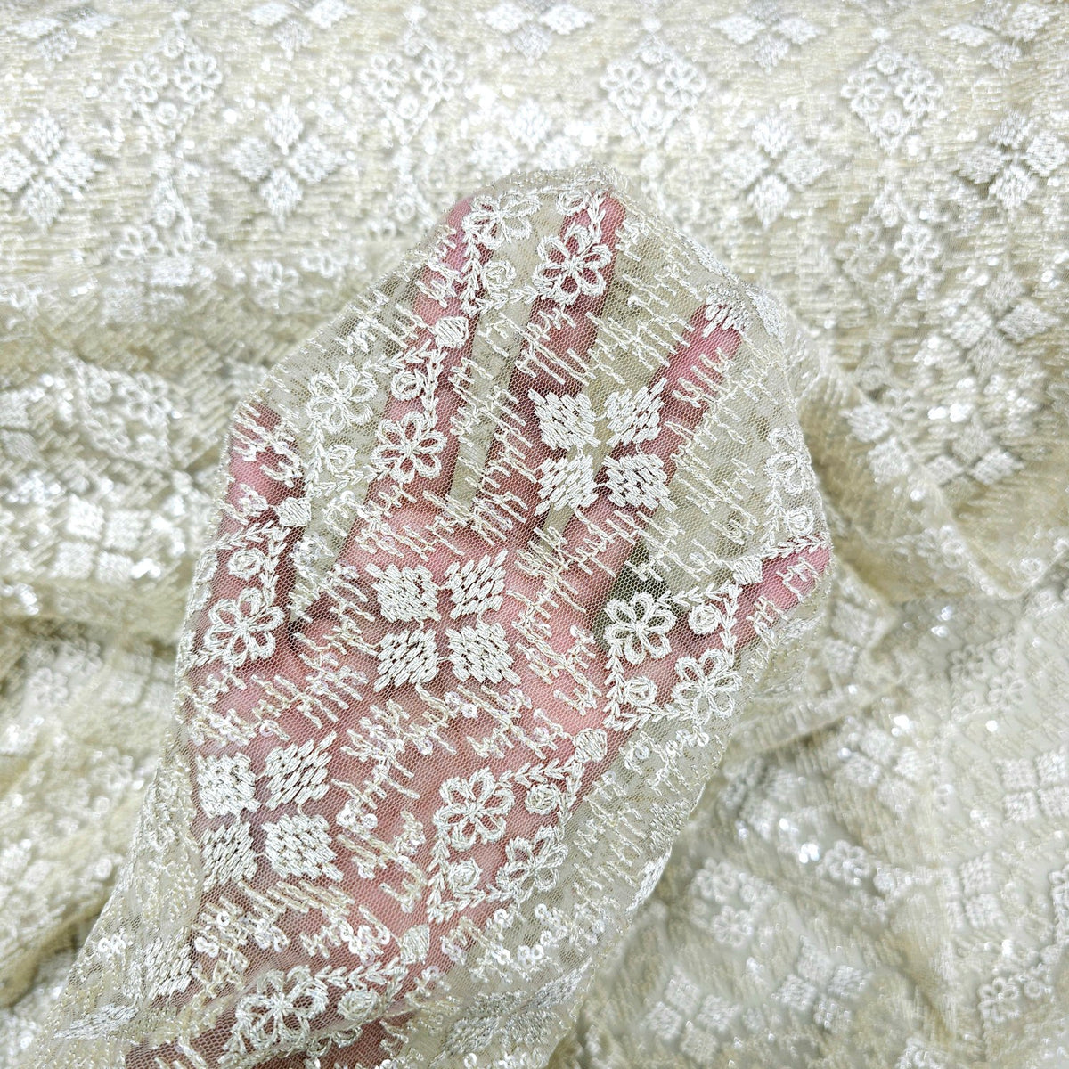 Embroidered Biege Net Fabric with Intricate geometric patterns