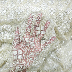 Embroidered Biege Net Fabric with Intricate geometric patterns