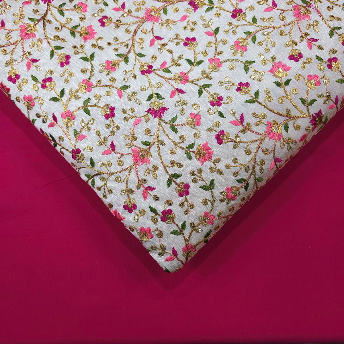 Multicolor Embroidered Zari, & Sequin Work Raw Silk Fabric with Pink Floral Pattern