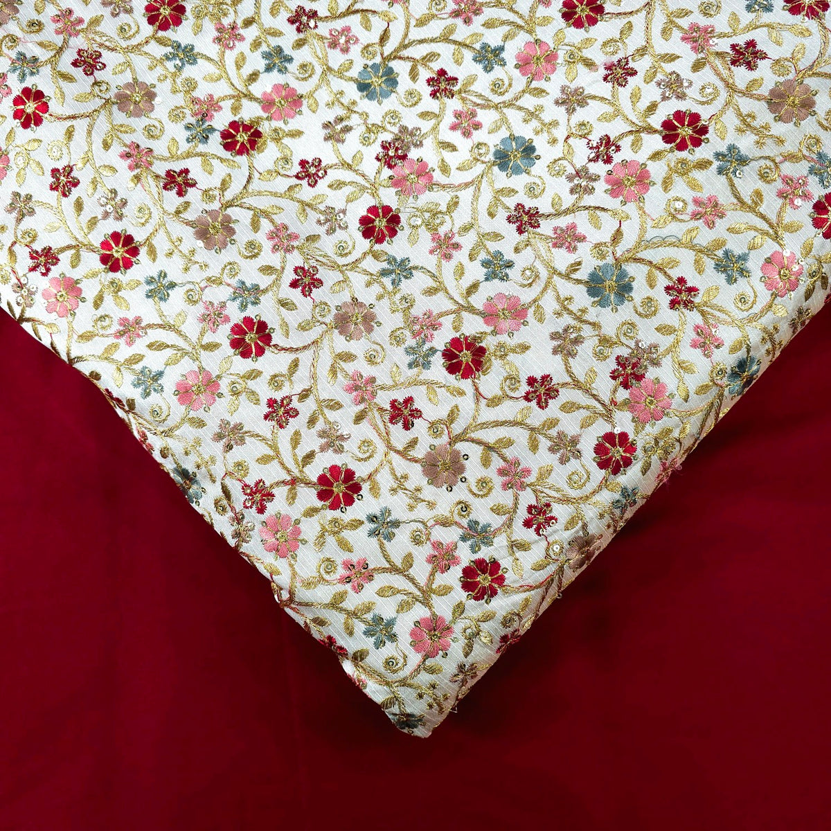 Multicolor Embroidered Zari, & Sequin Work Raw Silk Fabric with Pink and Maroon Floral Pattern