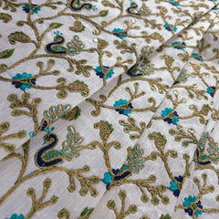 Multicolor Embroidered Zari, & Sequin Work Raw Silk Fabric with Blue Peacock Pattern