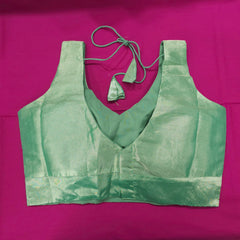Light Green Dual Tone Blouse with Attached Sleeves and V Neckline