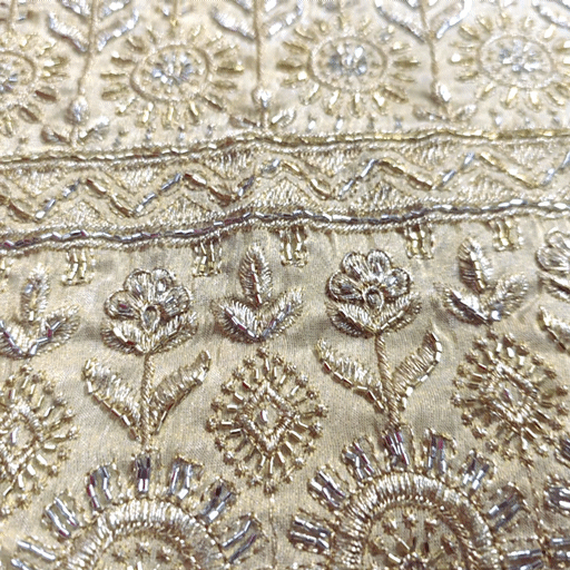 Embroidered Shimmer Tissue Dyeable Fabric with Geometric and Floral Border