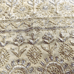 Embroidered Shimmer Tissue Dyeable Fabric with Geometric and Floral Border