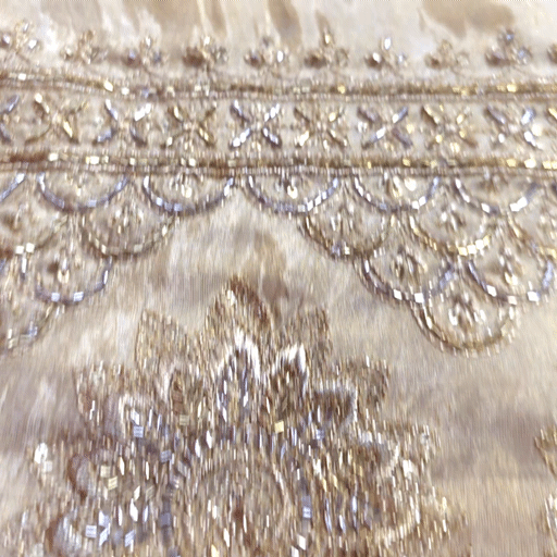 Embroidered Shimmer Tissue Dyeable Fabric with Geometric and Floral Border