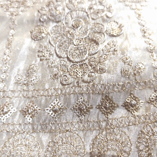 Embroidered Shimmer Tissue Dyeable Fabric with Floral and Hexagon Motif Sequin & Zari Work Border