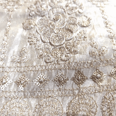Embroidered Shimmer Tissue Dyeable Fabric with Floral and Hexagon Motif Sequin & Zari Work Border
