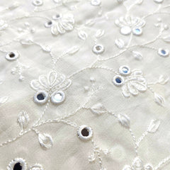 Dyeable Embroidered Georgette Fabric with Mirror Work and floral Threadwork