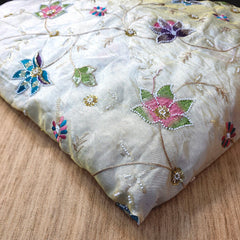 Embroidered Dyeable Shimmer Tissue Fabric with Bright Multicolor Floral Threadwork