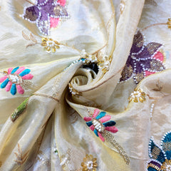 Embroidered Dyeable Shimmer Tissue Fabric with Bright Multicolor Floral Threadwork