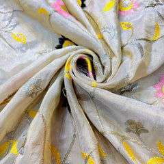Embroidered Dyeable Shimmer Tissue Fabric with Multicolor Floral Threadwork