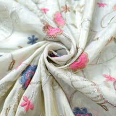 Embroidered Dyeable Shimmer Tissue Fabric with Multicolor Floral Threadwork