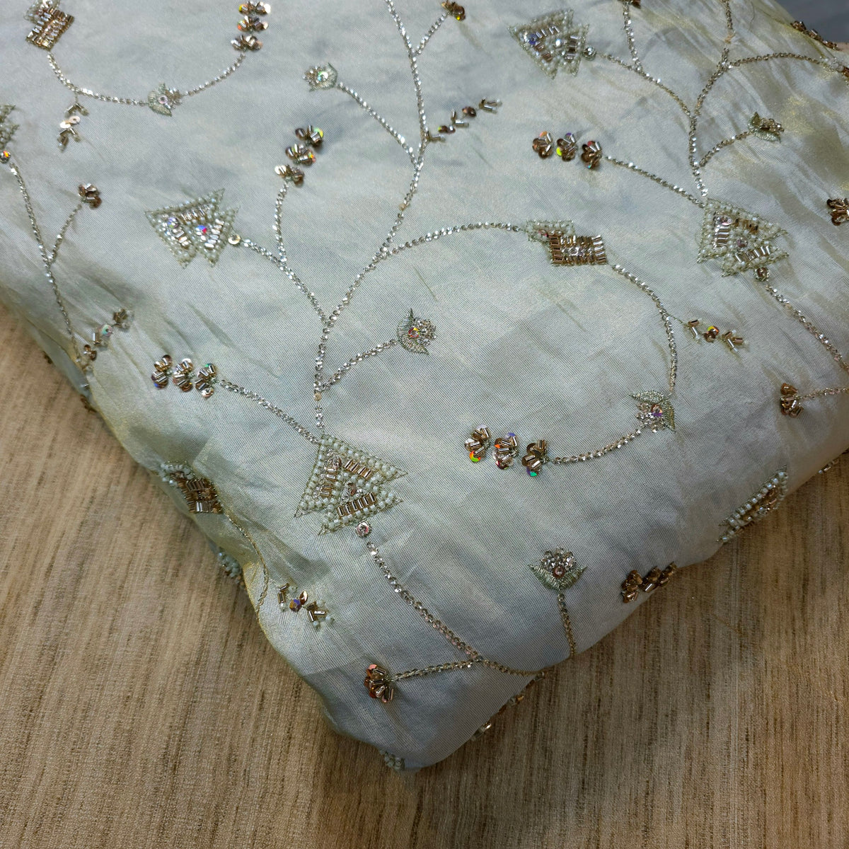 Hand Embroidered Dyeable Shimmer Tissue Fabric with Triangle Geometric Motifs