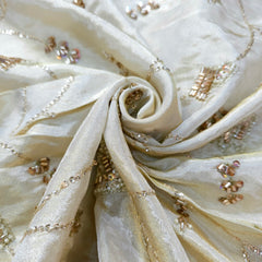 Hand Embroidered Dyeable Shimmer Tissue Fabric with Triangle Geometric Motifs