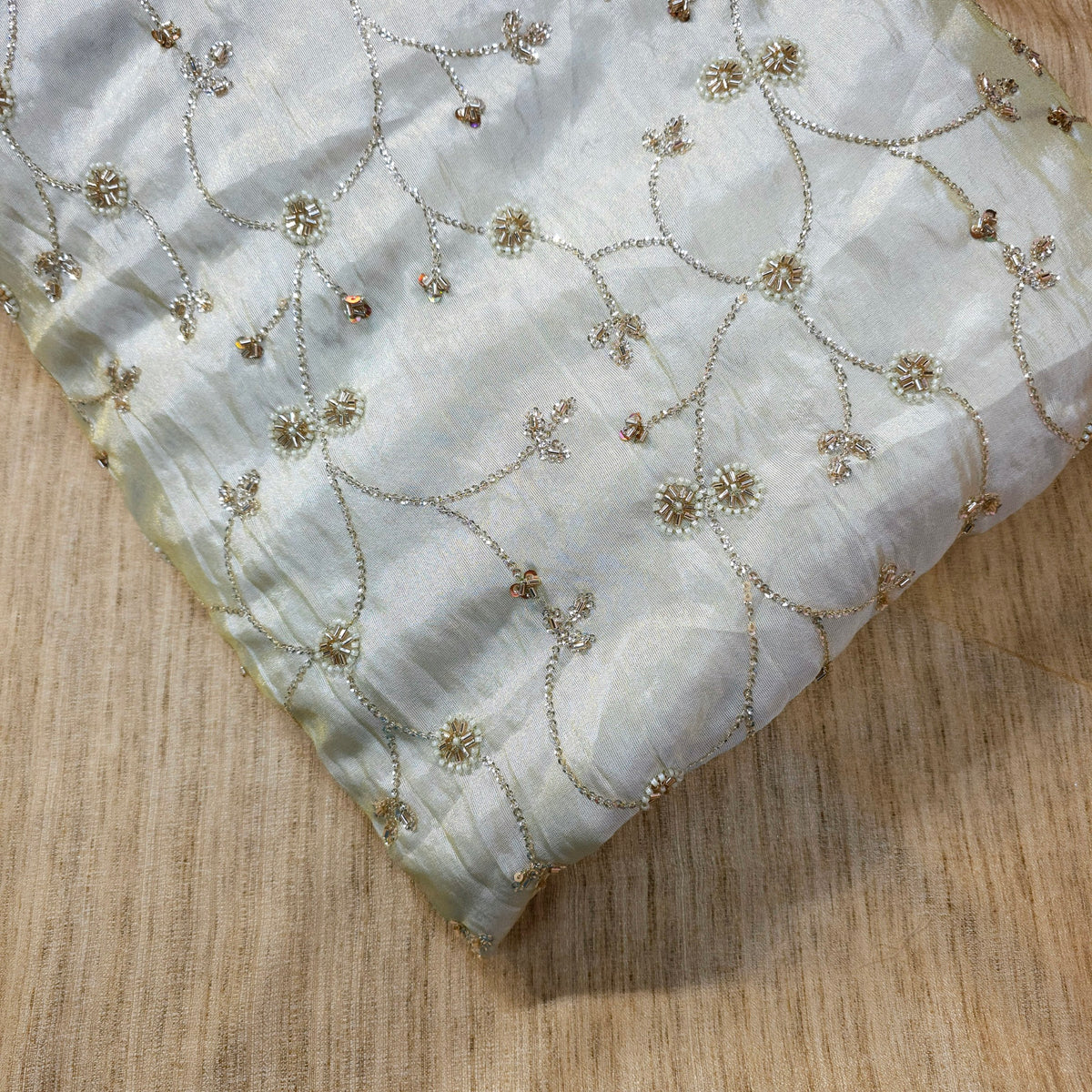Hand Embroidered Dyeable Shimmer Tissue Fabric with Tiny Floral Motifs