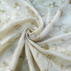 Hand Embroidered Dyeable Shimmer Tissue Fabric with Floral Motifs