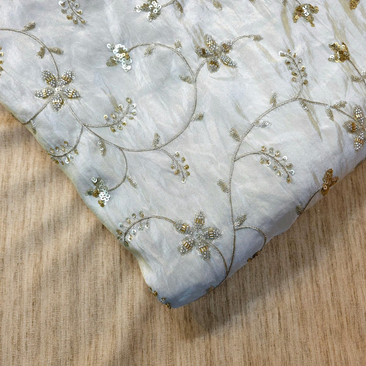 Hand Embroidered Dyeable Shimmer Tissue Fabric with Floral Motifs