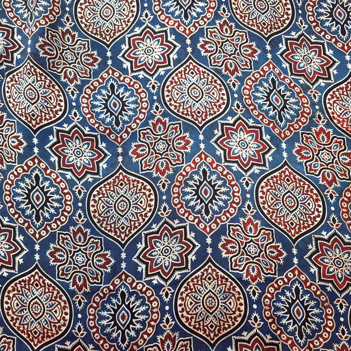 Elegant Handblock Ajrakh Print on Pure Modal Fabric – Traditional Floral Motifs on Indigo Base