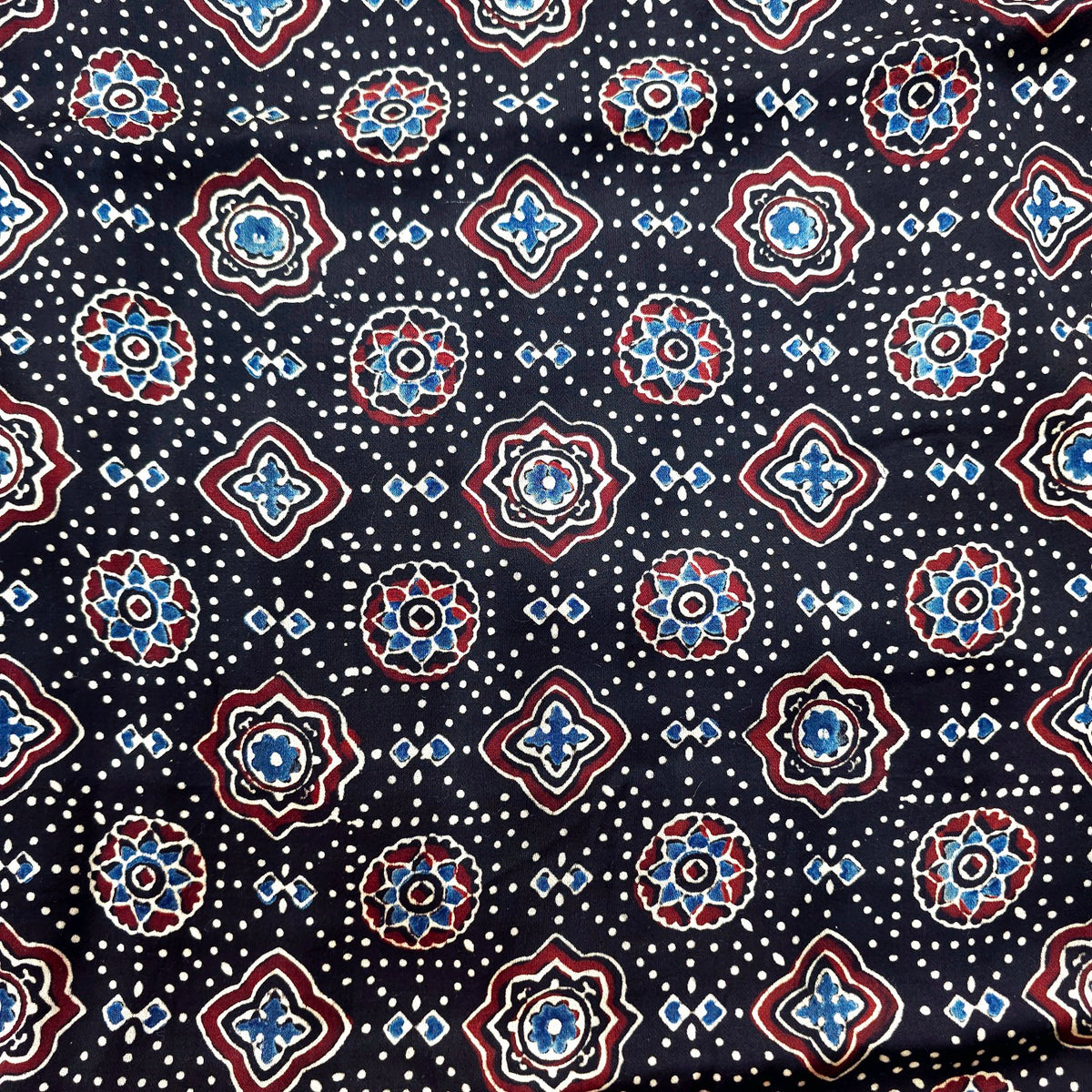 Elegant Handblock Ajrakh Print on Pure Modal Fabric – Floral Motifs on Black Base