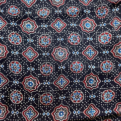 Elegant Handblock Ajrakh Print on Pure Modal Fabric – Floral Motifs on Black Base