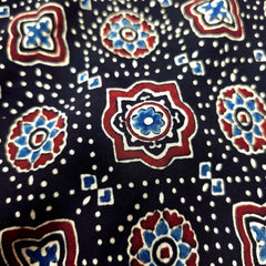 Elegant Handblock Ajrakh Print on Pure Modal Fabric – Floral Motifs on Black Base