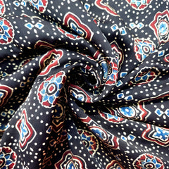 Elegant Handblock Ajrakh Print on Pure Modal Fabric – Floral Motifs on Black Base